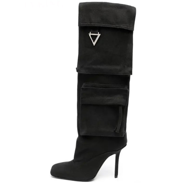 Women Color Fashion Pocket Denim Knee High Boots
