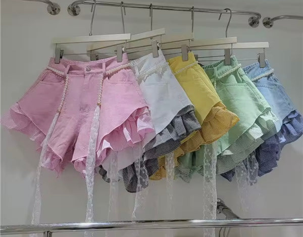 Women Fashion Plaid Ruffle Color Denim Shorts