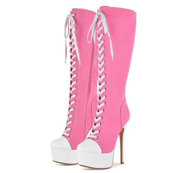 Women Fashion Color Patchwork Platform Tie Up Knee High Boots