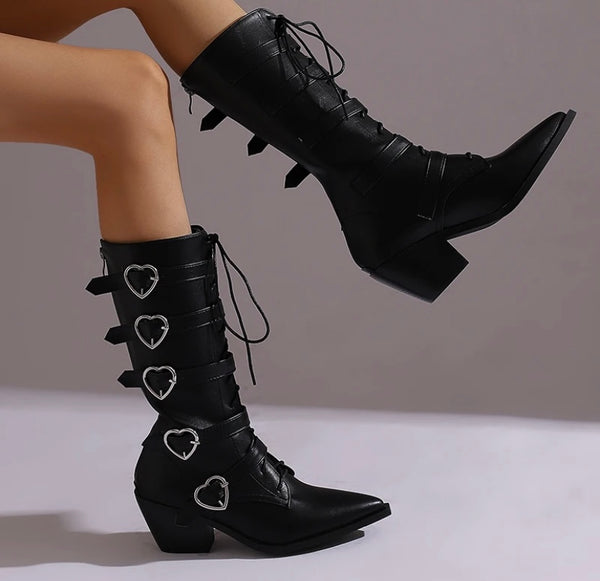 Women Pointed Toe Heart Buckled Lace Up Fashion Boots