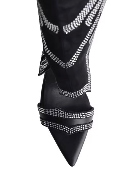 Women Fashion Open Toe Black Rhinestone High Heel Ankle Boots