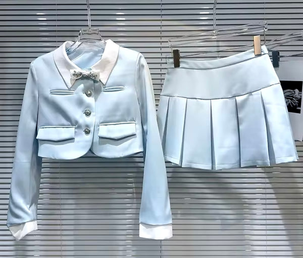 Women Fashion Blue Bow Satin Blazer Two Piece Pleated Skirt Set