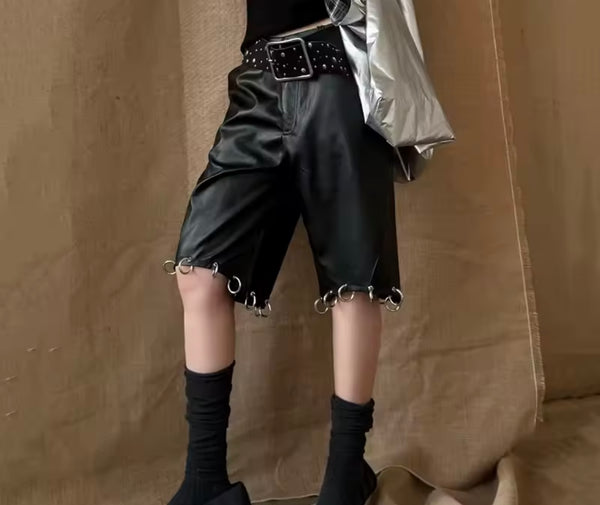 Women Fashion Black Metal Detachable Faux Leather Pants