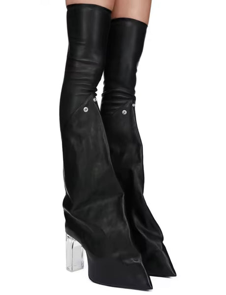 Women Fashion Thigh High Faux Leather Transparent Heel Boots