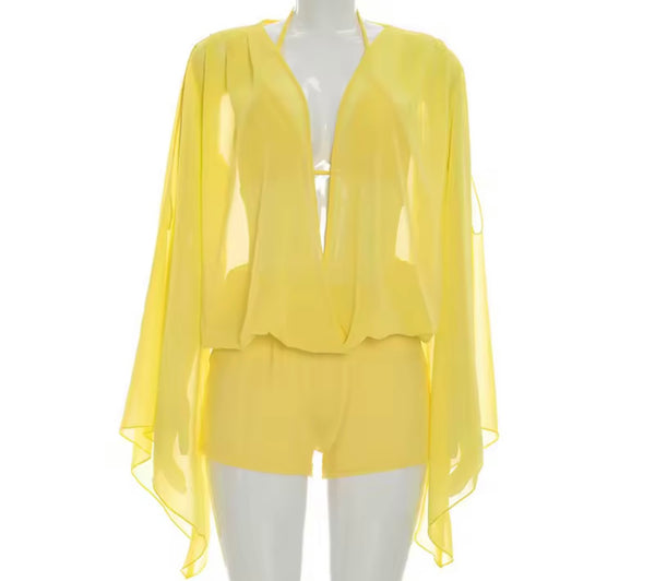 Women Sexy Mesh Full Flare Sleeve Three Piece Short Set