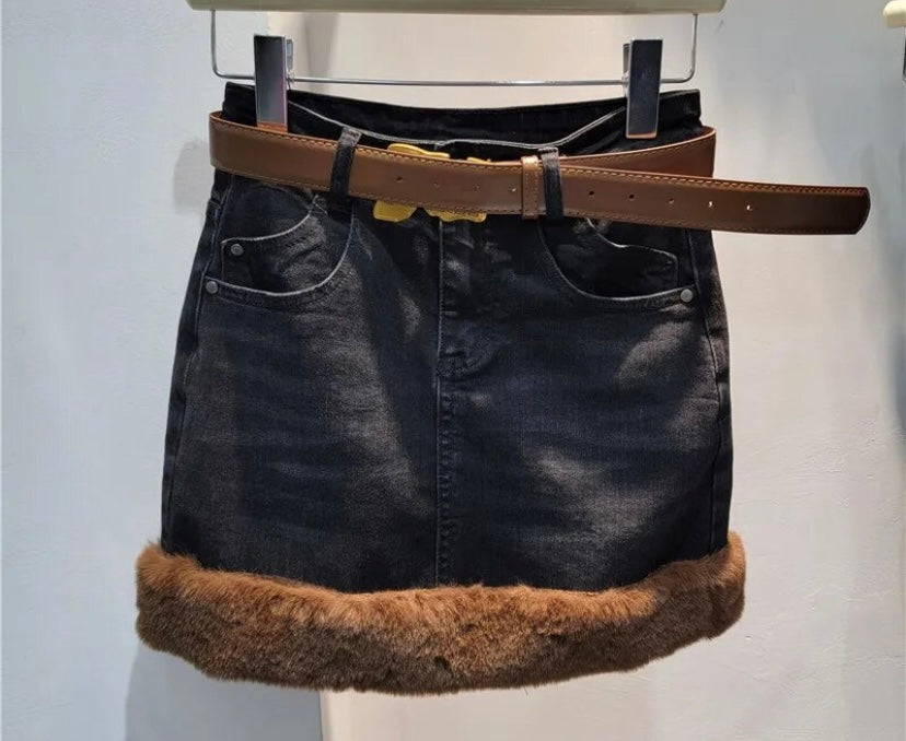 Women Faux Fur Patchwork Fashion Denim Skirt