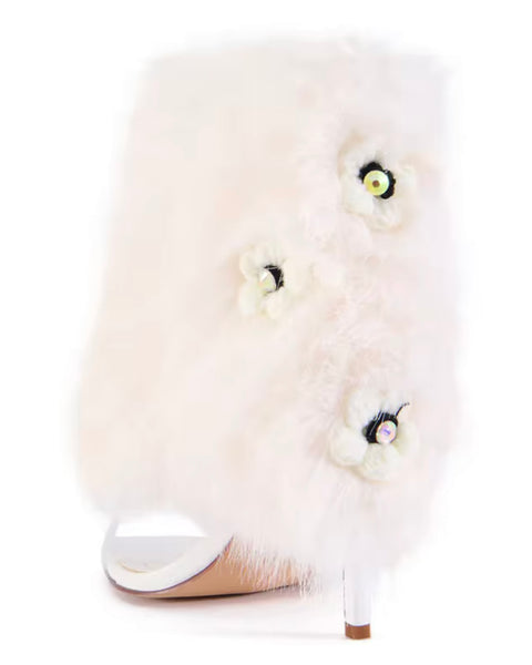 Women White Faux Fur Floral Fashion High Heel Ankle Boots