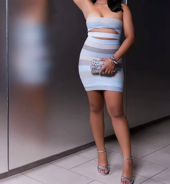 Women Sexy Striped Strapless Faux Leather Dress