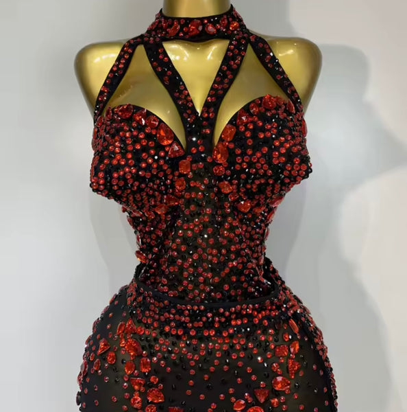 Women Black Sexy Sleeveless Red Rhinestone Mesh Jumpsuit