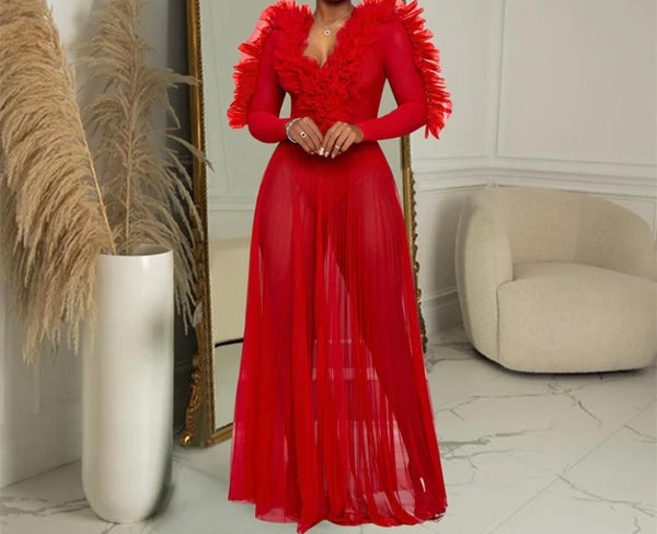 Women Sexy Full Sleeve Ruffled Mesh Maxi Dress