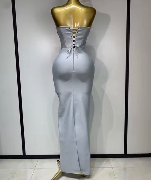 Women Sexy Strapless Gray Corset Rhinestone Bandage Maxi Dress