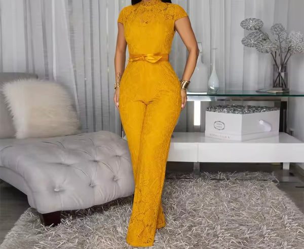 Women Sexy Fashion Lace Short Sleeve Two Piece Jumpsuit
