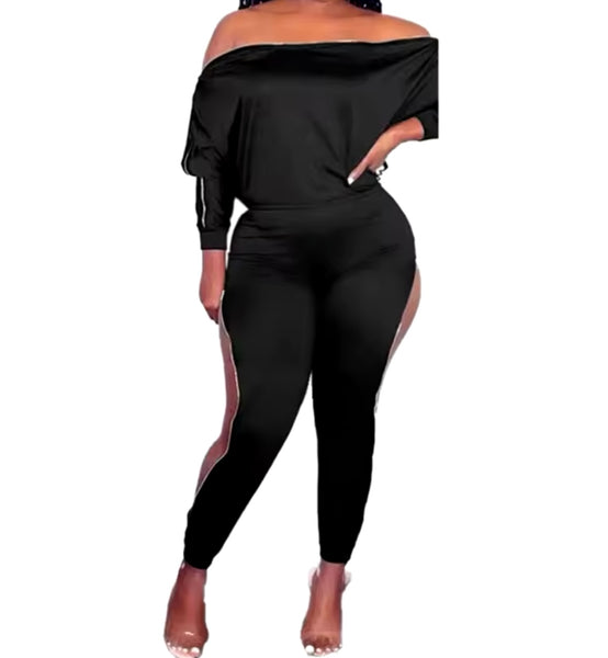 Women Fashion Off The Shoulder Full Sleeve Zipper Two Piece Pant Set