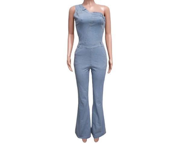 Women Sexy Fashion Buckled One Shoulder Denim Jumpsuit