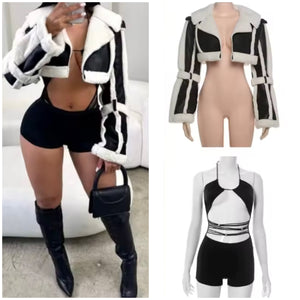 Women B&W Fashion Faux Leather Patchwork Two Piece Romper Set