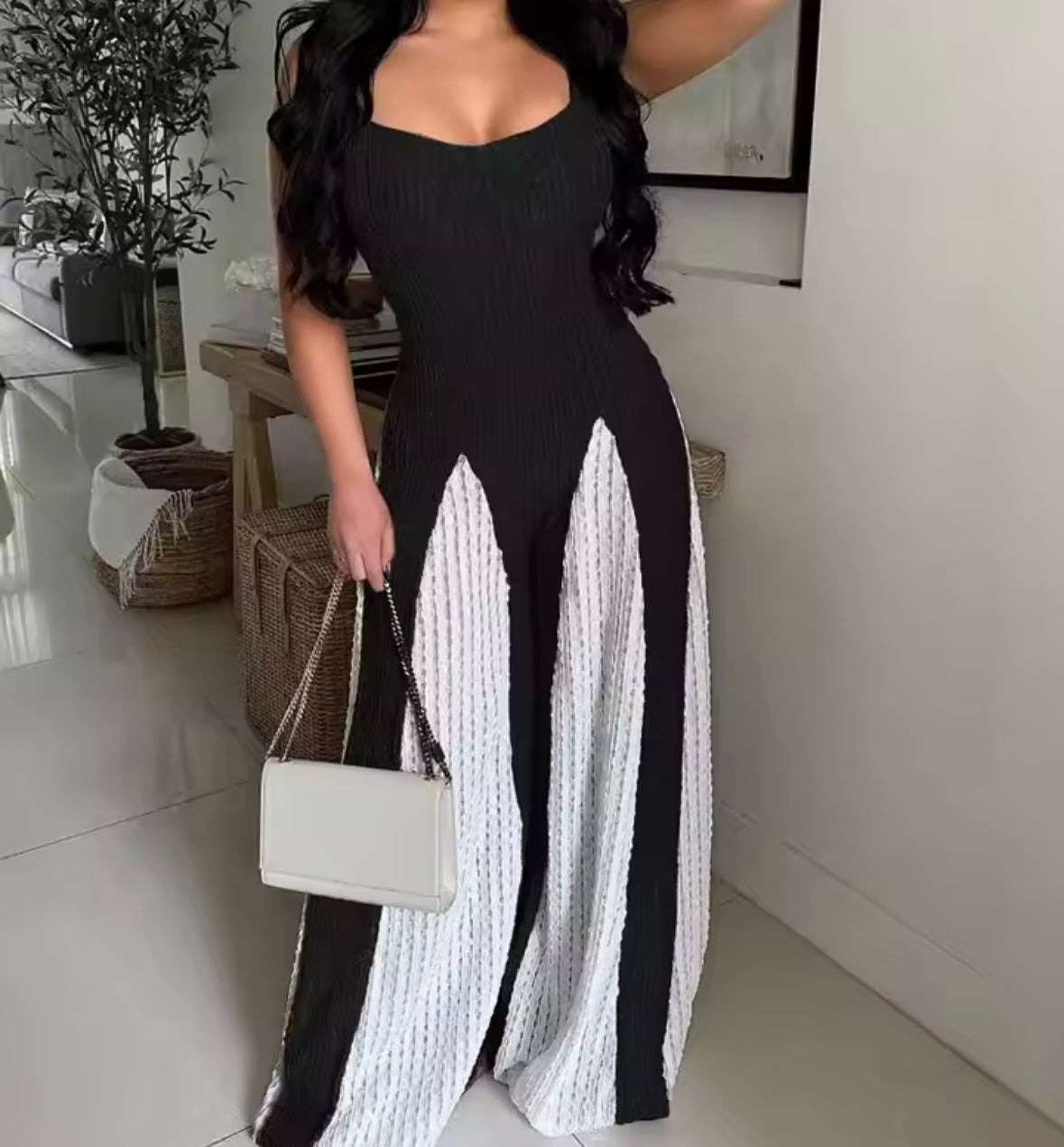 Women Fashion Sleeveless Color Patchwork Wide Leg Jumpsuit