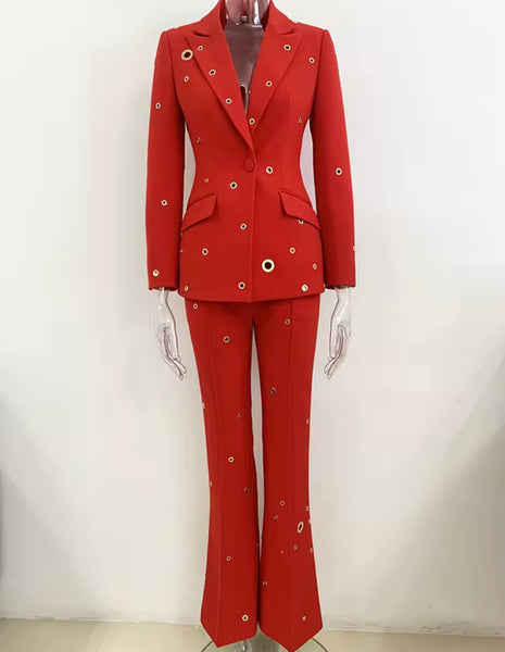 Women Rivet Full Sleeve Fashion Blazer Two Piece Pant Set
