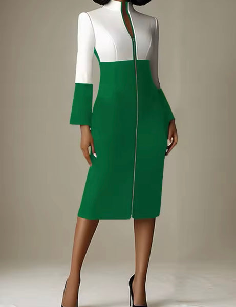 Women Color Patchwork Front Zipper Full Sleeve Dress