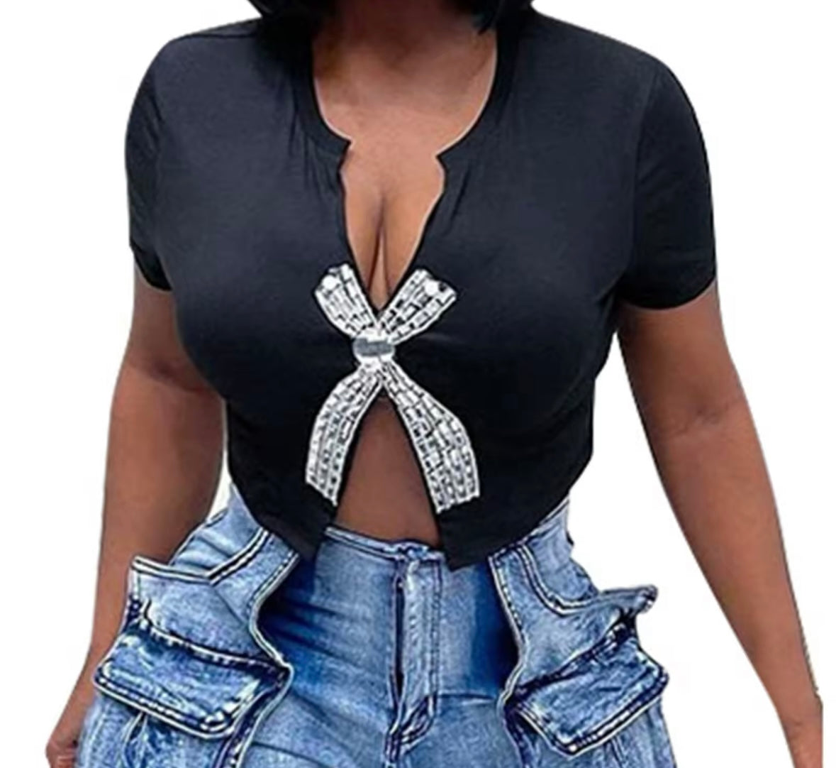 Women Fashion Short Sleeve Bling Bow Crop Top