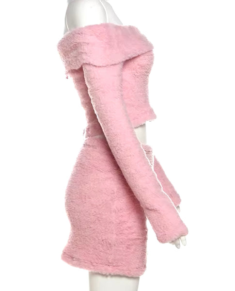 Women Sexy Solid Color Furry Off The Shoulder Two Piece Skirt Set