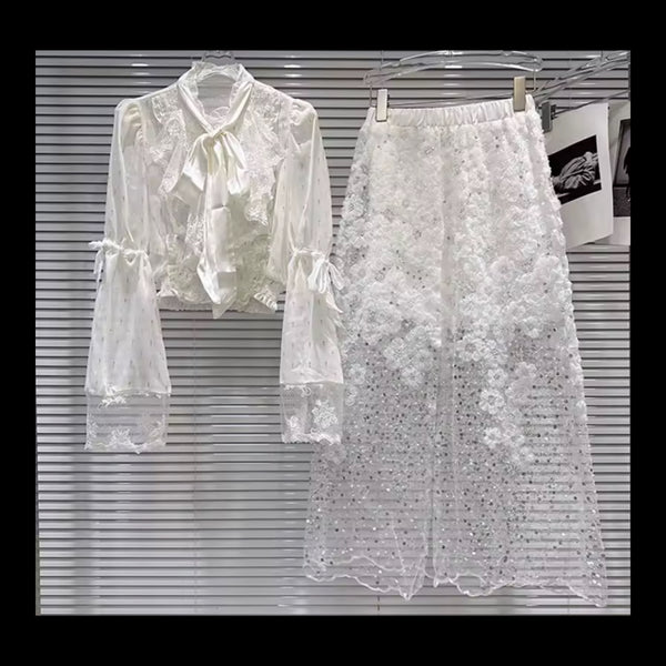 Women White Lace Mesh Full Sleeve Bling Two Piece Maxi Skirt Set