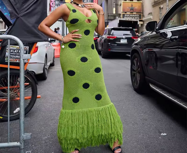 Women Sexy Sleeveless Green Polka Dot Knitted Fringe Maxi Dress