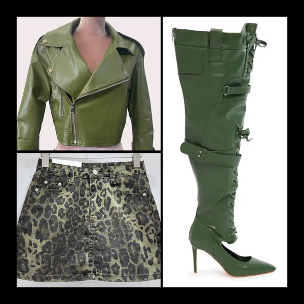 Women Green Fashion Faux Leather Lace Up Buckled Knee High Boots