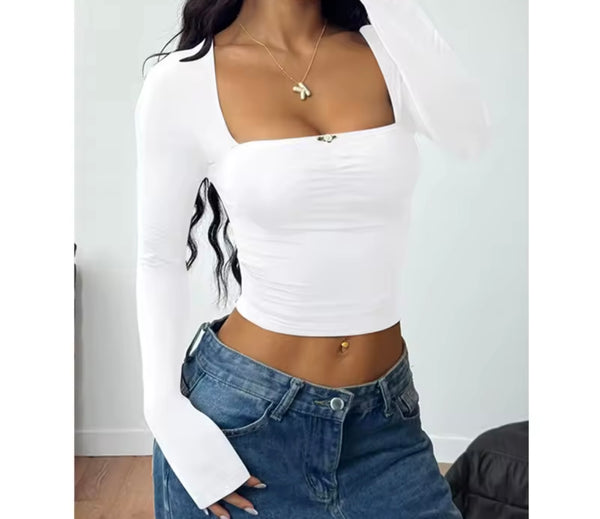Women Fashion Color Open Back Full Sleeve Crop Top