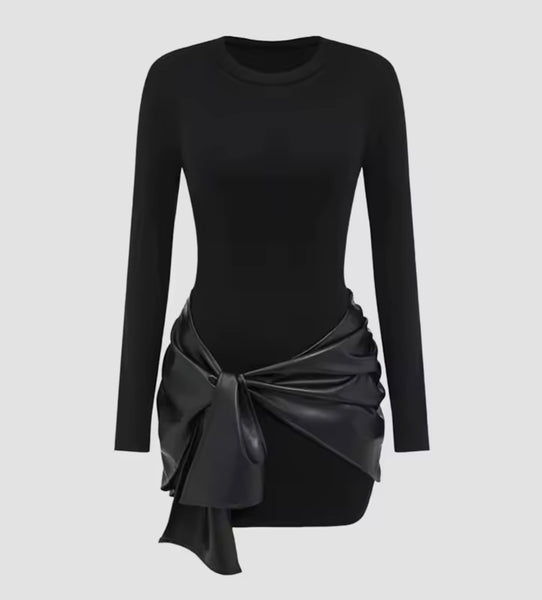 Women Color Fashion Faux Leather Wrap Full Sleeve Dress