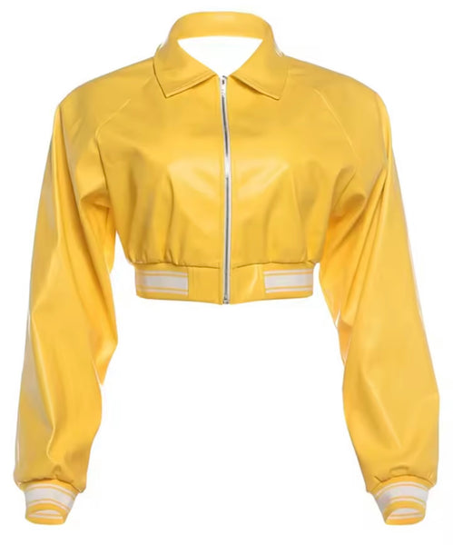 Women Fashion Yellow Letter Print Faux Leather Crop Jacket