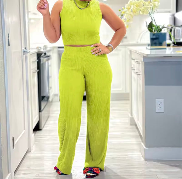 Women Sleeveless Ribbed Color Fashion Two Piece Pant Set