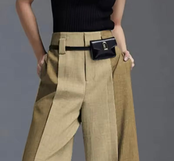 Women Fashion Color Patchwork Khaki Wide Leg Pants