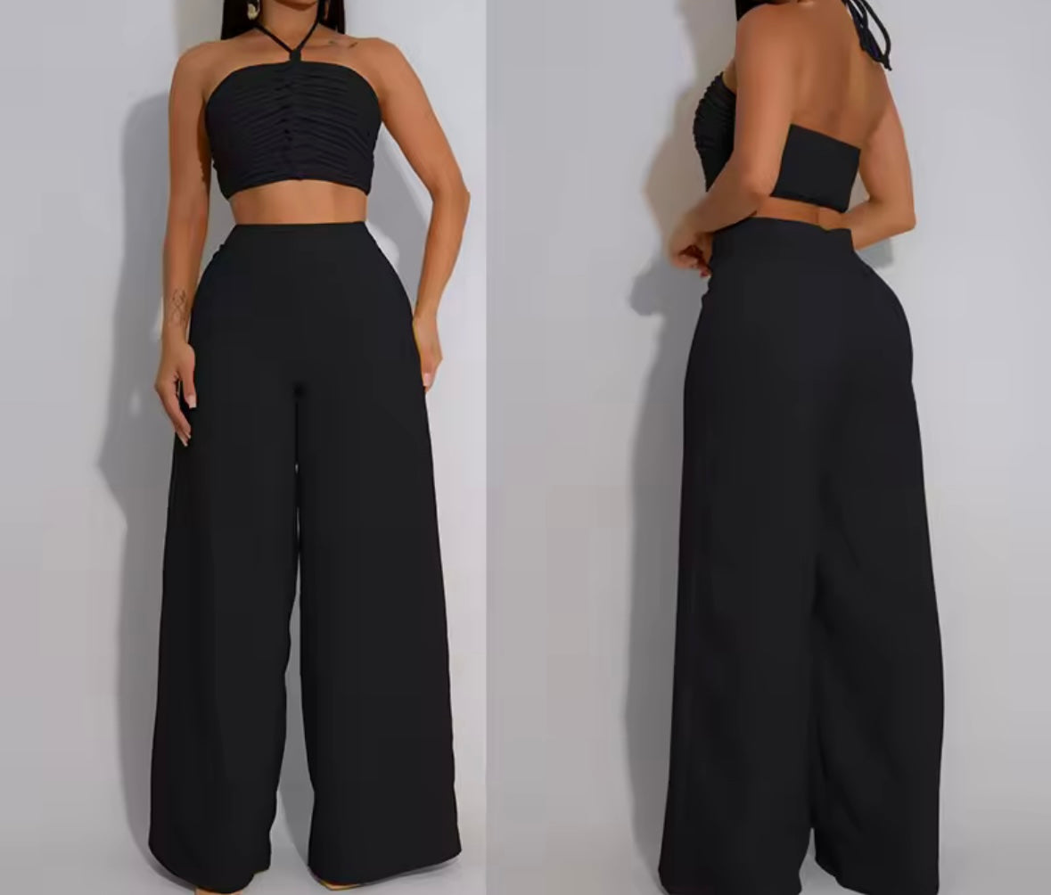 Women Halter Sleeveless Ruched Fashion Two Piece Pant Set