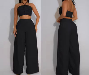 Women Halter Sleeveless Ruched Fashion Two Piece Pant Set