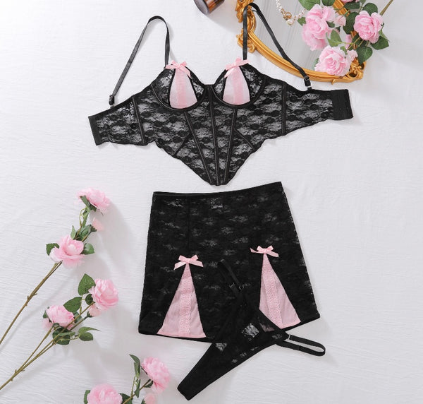 Women Sexy Color Patchwork Lace Lingerie Set