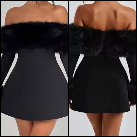 Women Black Sexy Off The Shoulder Faux Fur Patchwork Dress