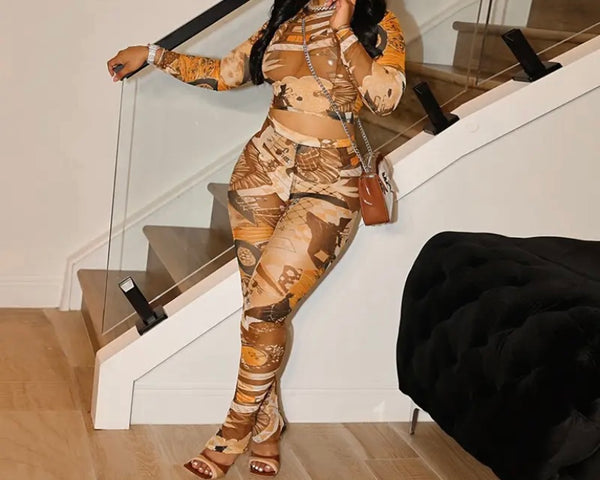 Women Printed Sexy Mesh Full Sleeve Two Piece Pant Set