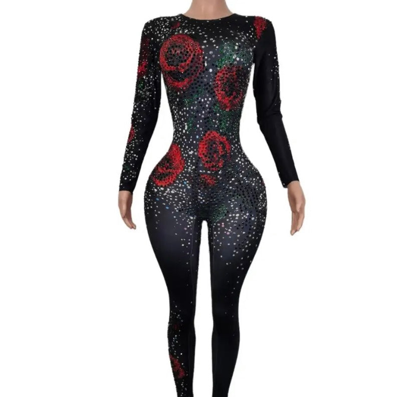 Women Sexy Rose Bling Full Sleeve Jumpsuit