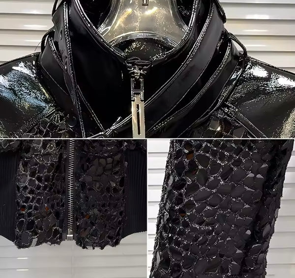 Women Black Fashion Crocodile Shiny Zip Up Jacket