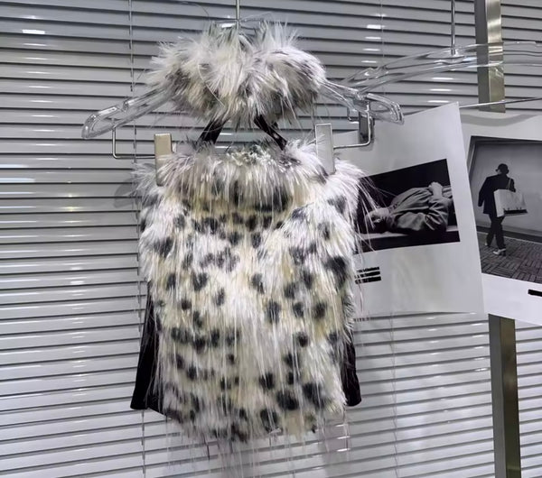 Women Colorful Leopard Print Faux Fur Halter Sleeveless Top