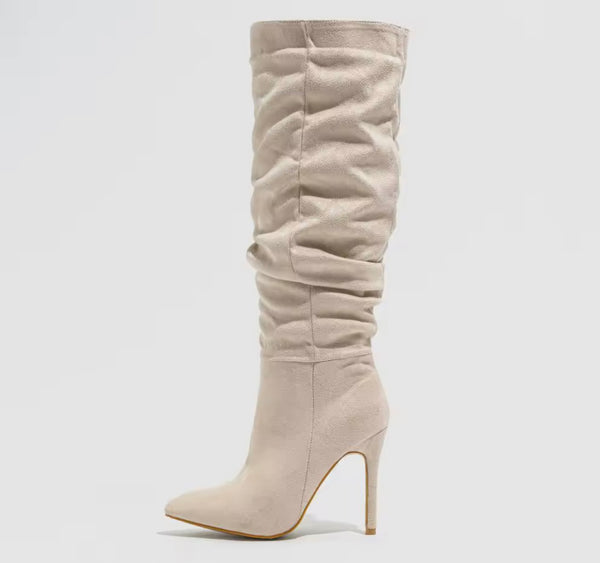 Women Fashion Suede Ruched Knee High Boots