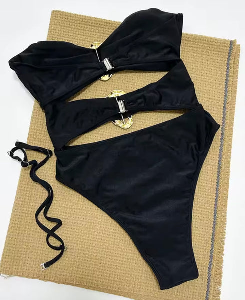 Women Sexy Gold Medal Strapless Cut Out Swimsuit