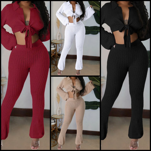 Women Sexy Knitted Tie Up Full Sleeve Two Piece Pant Set