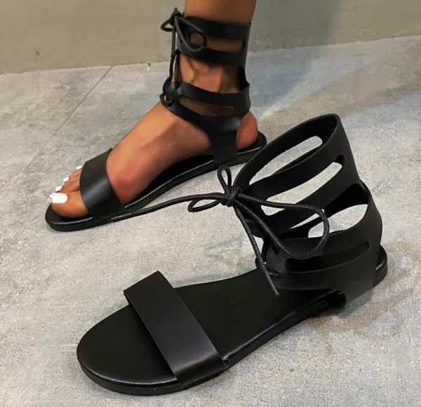 Women Black Lace Up Fashion Flat Sandals