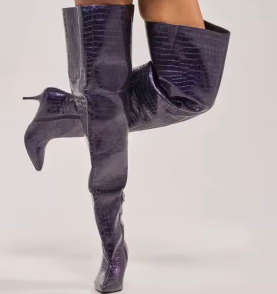 Women Fashion Purple Faux Leather Over The Knee High Heel Boots
