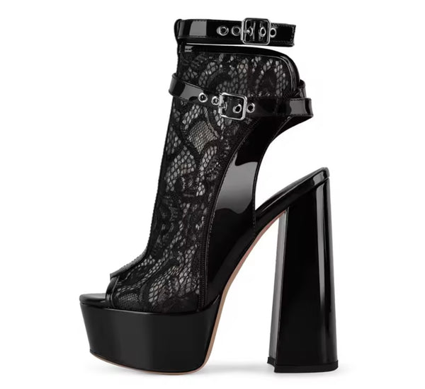 Women Open Toe Lace Patent Leather Platform High Heel Ankle Boots