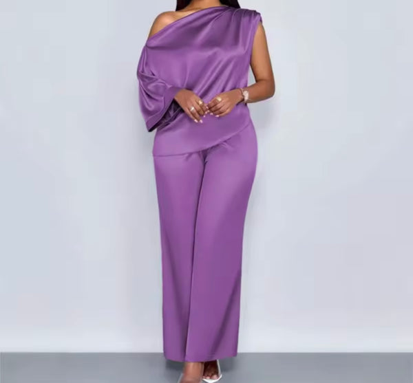 Women Color Slope Neck Short Sleeve Two Piece Satin Pant Set