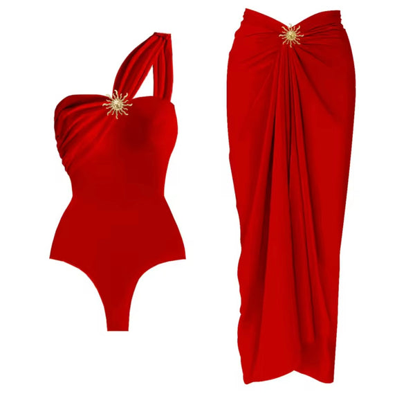 Women Sexy One Shoulder Swimsuit Cover Up Set