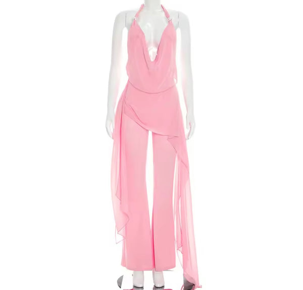 Women Sexy Pink Halter Open Back Sleeveless Jumpsuit