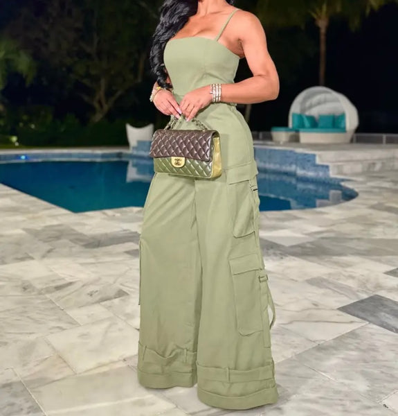 Women Sexy Sleeveless Buckled Cargo Wide Leg Jumpsuit
